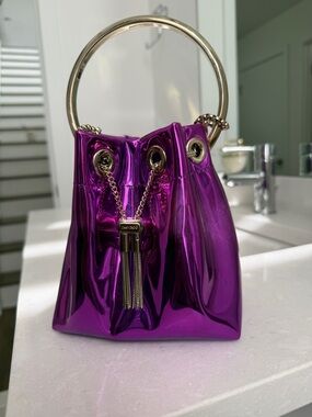 Jimmy Choo Shiny Metallic Magenta Drawstring Mini Bag with Gold Ring Handle